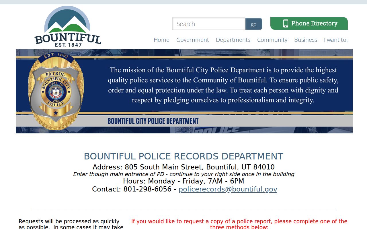 Bountiful criminal records request page for police reports in Davis County