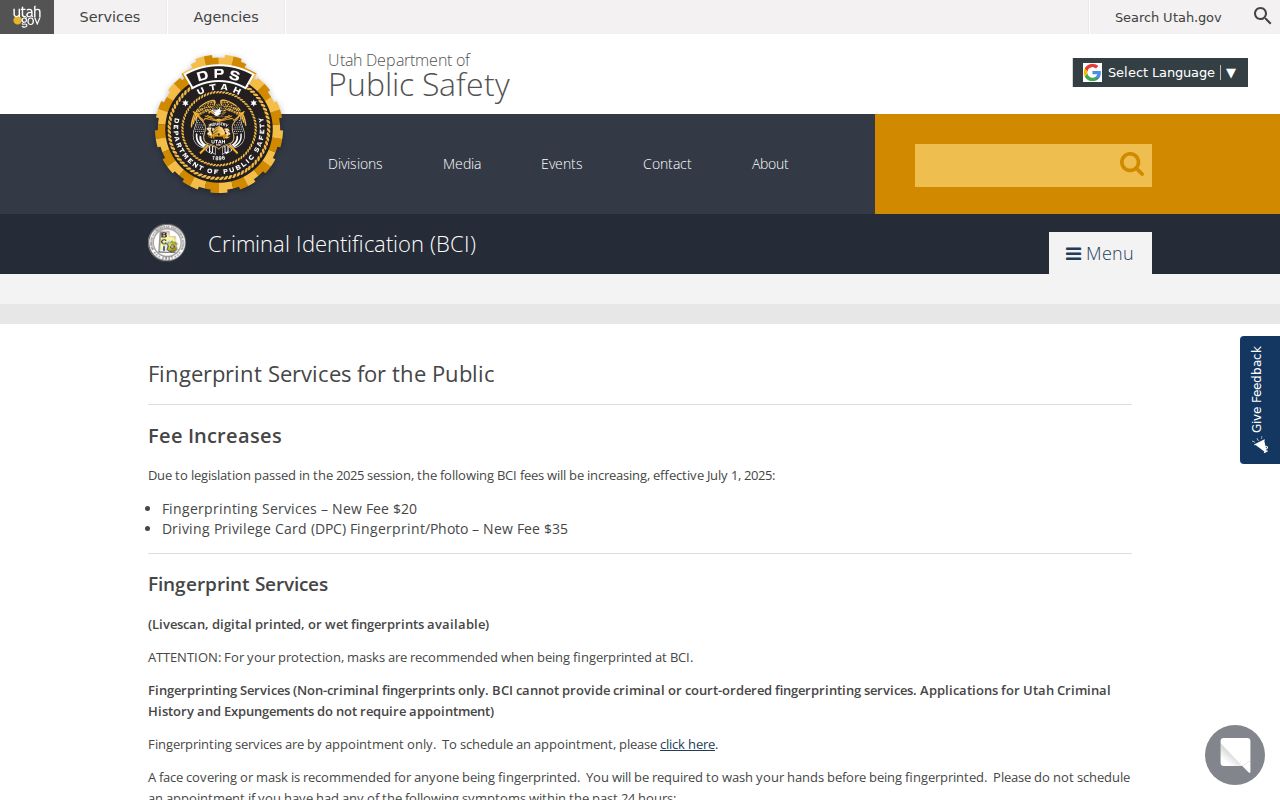 Utah BCI fingerprint services for a Davis County criminal history request