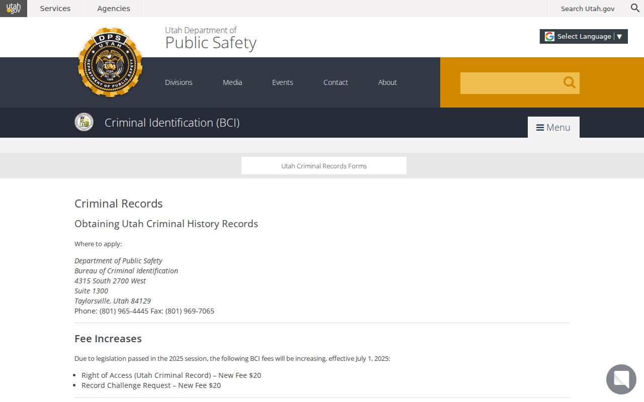 Davis County criminal history Right of Access instructions from Utah BCI
