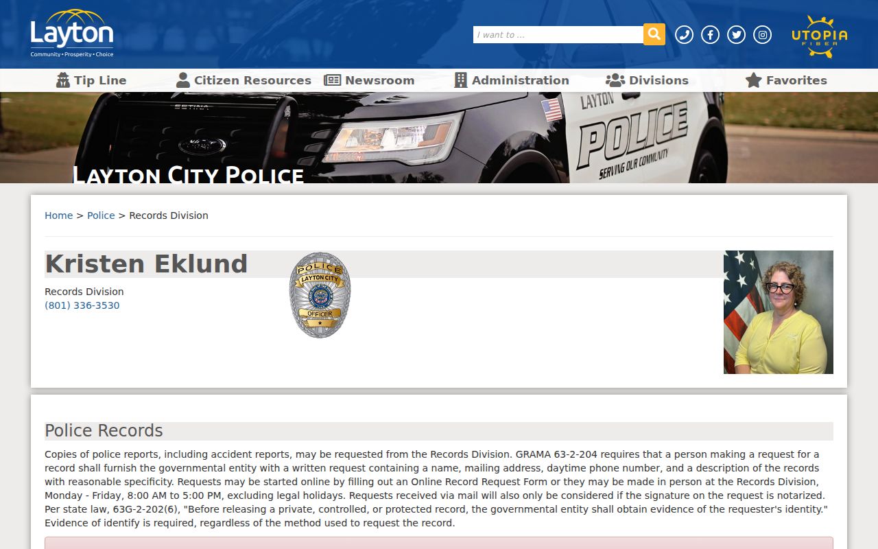 Layton criminal records page for police report access in Davis County